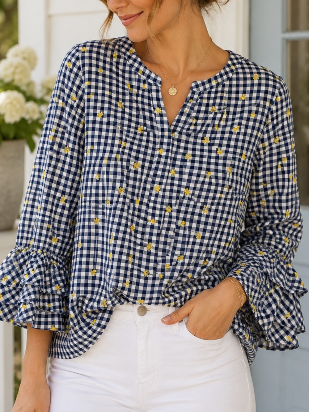 Talbots Gingham Yellow Floral Embroidered Ruffle Sleeve Blouse XS